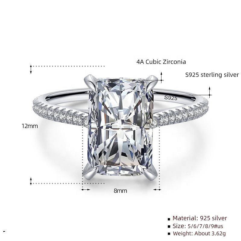925 Silver Rectangular Zircon Geometric Ring with Row of Square Stones White Gold Plated Bold Jewelry for Women Size 8-9