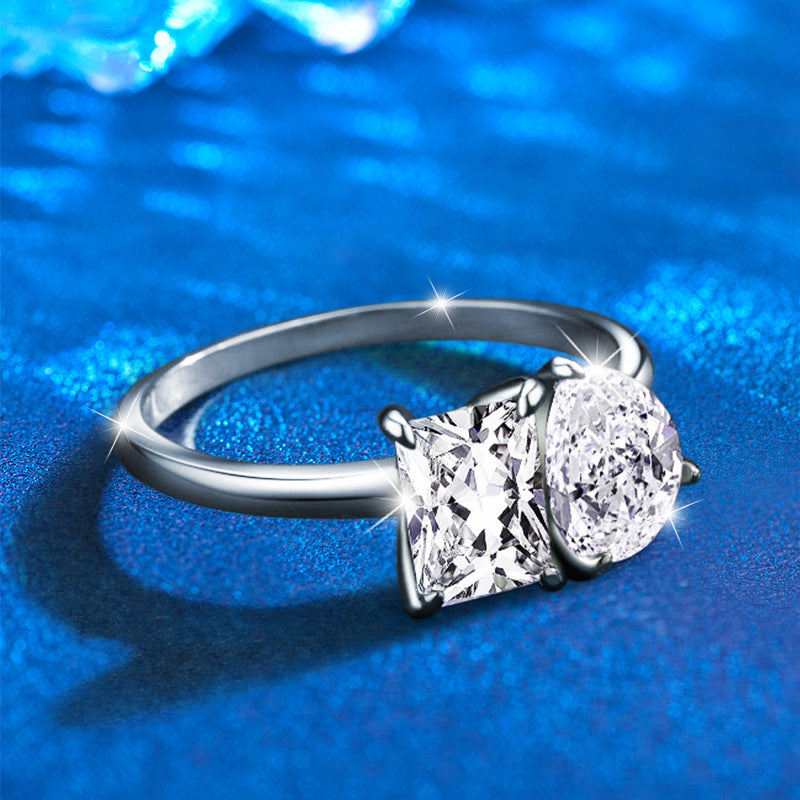 925 Silver Teardrop Double Moissanite Ring with Square Accents Rhodium Plated Women's Jewelry Size 5-9