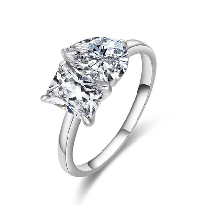925 Silver Teardrop Double Moissanite Ring with Square Accents Rhodium Plated Women's Jewelry Size 5-9