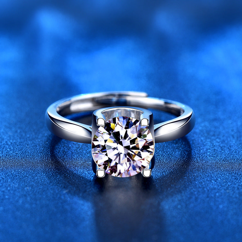 925 Silver U Shape Geometric Ring with 2 Carat Moissanite Adjustable Light Luxury Jewelry for Women White Gold Plated