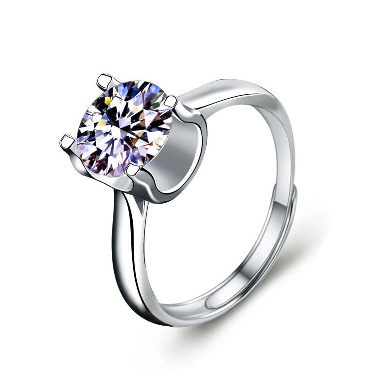 925 Silver U Shape Geometric Ring with 2 Carat Moissanite Adjustable Light Luxury Jewelry for Women White Gold Plated