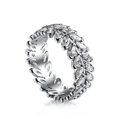 925 Silver Wheat Leaf Design Zircon Ring Elegant Women's Jewelry Size 6-9