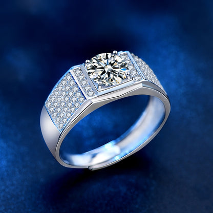 925 Sterling Silver Men's Rhodium-Plated Adjustable Ring with 1ct Moissanite Pavé, Modern OL Style