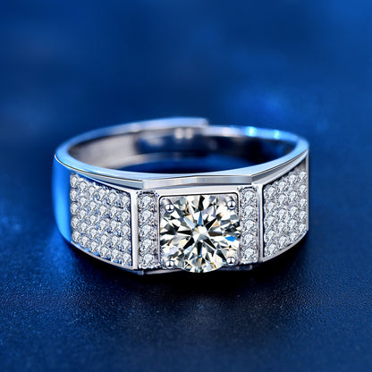 925 Sterling Silver Men's Rhodium-Plated Adjustable Ring with 1ct Moissanite Pavé, Modern OL Style