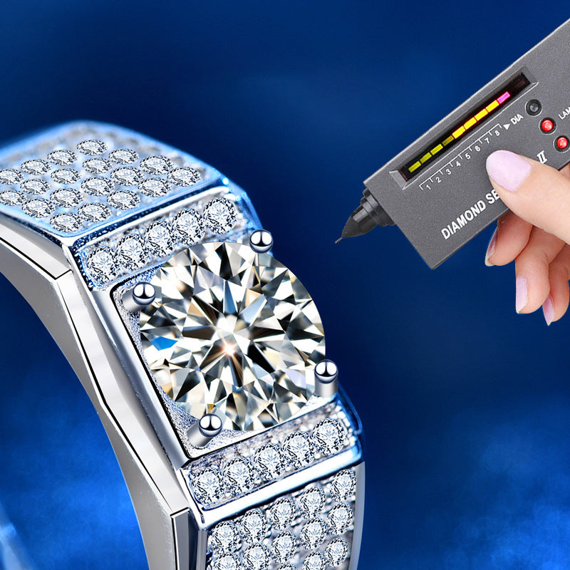 925 Sterling Silver Men's Rhodium-Plated Adjustable Ring with 1ct Moissanite Pavé, Modern OL Style