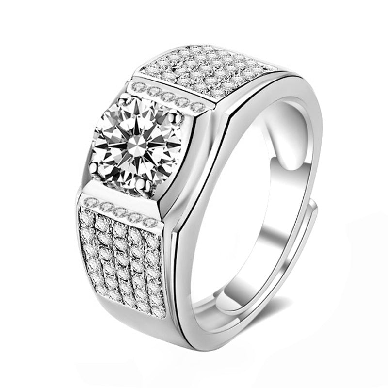 925 Sterling Silver Men's Rhodium-Plated Adjustable Ring with 1ct Moissanite Pavé, Modern OL Style