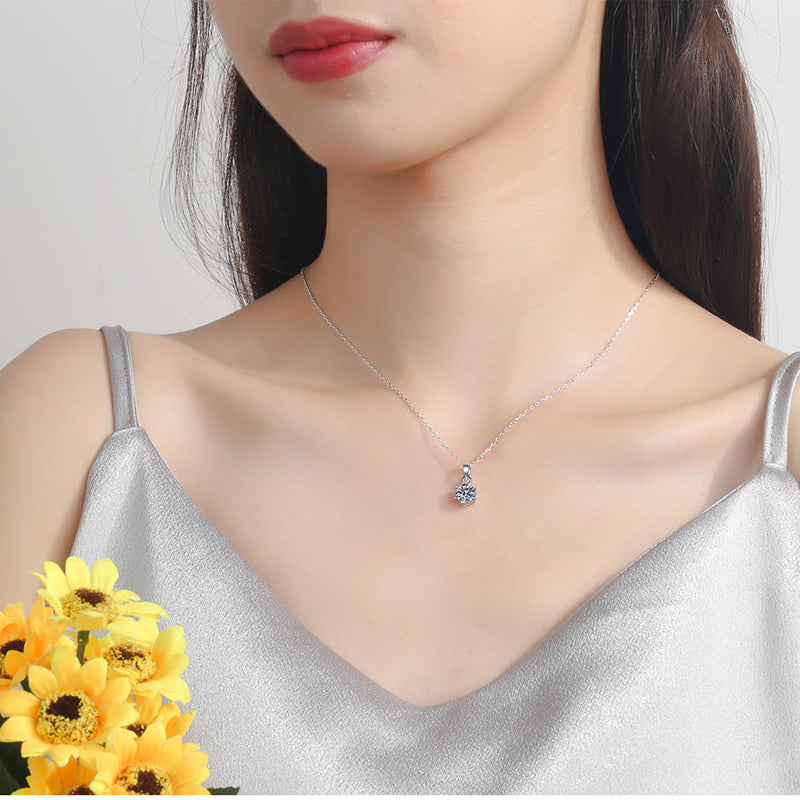 925 Sterling Silver 1CT Moissanite Six-Prong Pendant Necklace – Simulated Diamond Collar Chain for Women