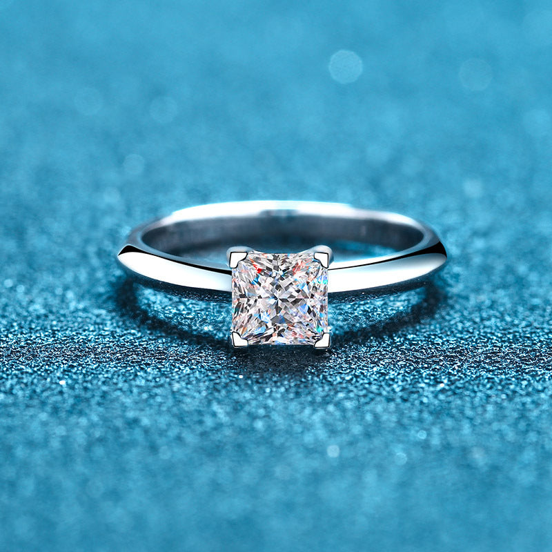 925 Sterling Silver 4-Prong Princess Cut Moissanite Ring | 1-2ct Square Solitaire