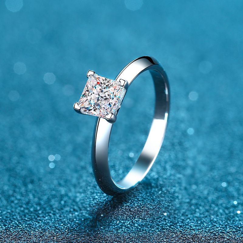 925 Sterling Silver 4-Prong Princess Cut Moissanite Ring | 1-2ct Square Solitaire