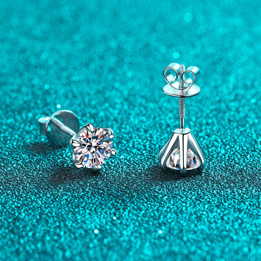 925 Sterling Silver 6-Prong Moissanite Screw Earrings – PT950 Gold Plated Geometric Stud Earrings for Women