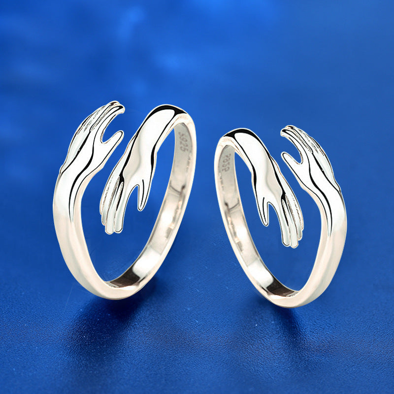 925 Sterling Silver Adjustable Geometric Couple Rings - White Gold Plated Minimalist Matching Bands (2-2.3g)