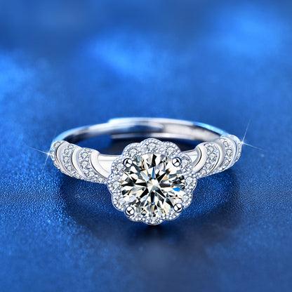 925 Sterling Silver Adjustable Geometric Ring with 1ct Moissanite White Gold Plated Minimalist Women's Band