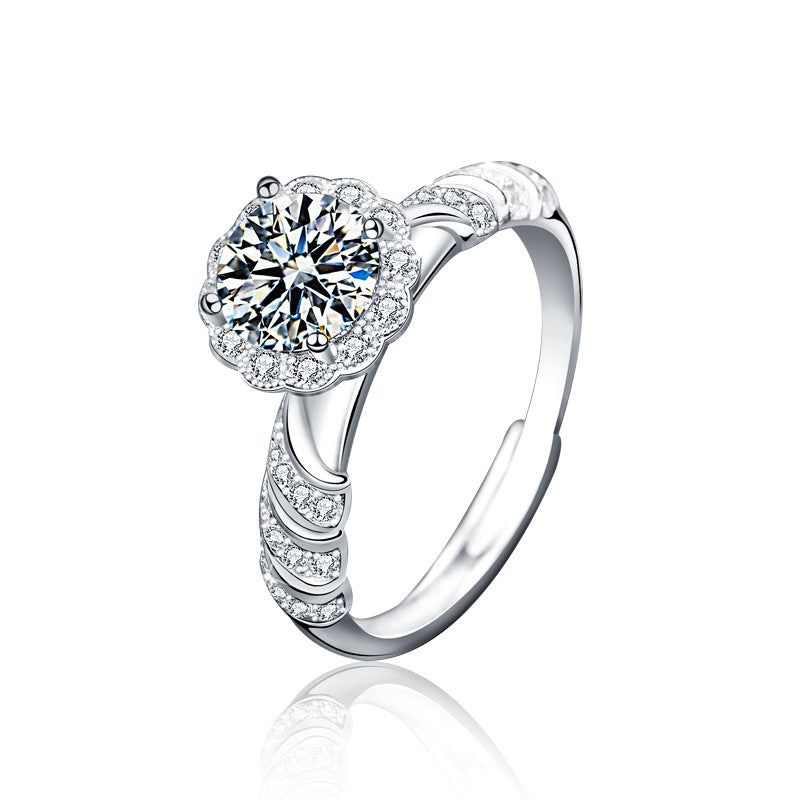 925 Sterling Silver Adjustable Geometric Ring with 1ct Moissanite White Gold Plated Minimalist Women's Band