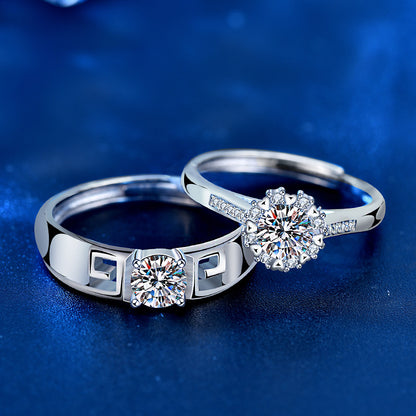 925 Sterling Silver Adjustable Heart Couple Rings with 0.5ct Moissanite - White Gold Plated Minimalist Chinese-Inspired Wedding Bands