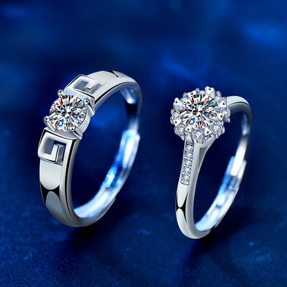 925 Sterling Silver Adjustable Heart Couple Rings with 0.5ct Moissanite - White Gold Plated Minimalist Chinese-Inspired Wedding Bands