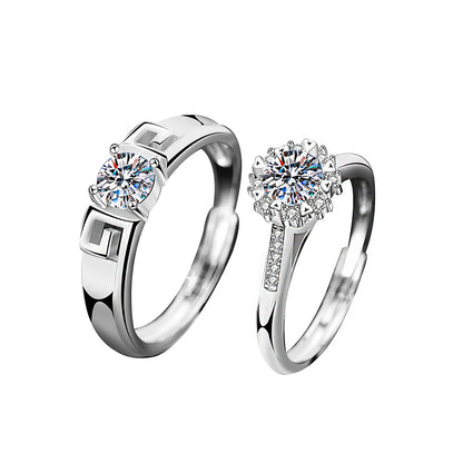 925 Sterling Silver Adjustable Heart Couple Rings with 0.5ct Moissanite - White Gold Plated Minimalist Chinese-Inspired Wedding Bands