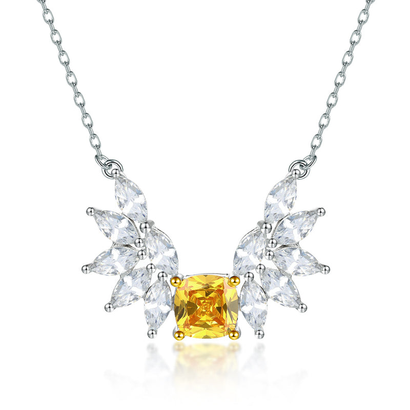 925 Sterling Silver Angel Wing Pendant Necklace - Elegant Yellow Zirconia Collarbone Chain