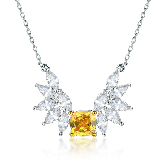 925 Sterling Silver Angel Wing Pendant Necklace - Elegant Yellow Zirconia Collarbone Chain