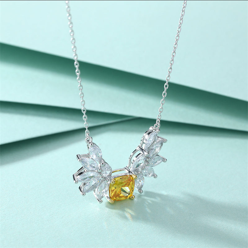925 Sterling Silver Angel Wing Pendant Necklace - Elegant Yellow Zirconia Collarbone Chain