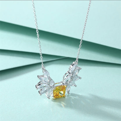 925 Sterling Silver Angel Wing Pendant Necklace - Elegant Yellow Zirconia Collarbone Chain