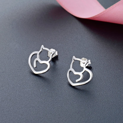925 Sterling Silver Animal & Heart Stud Earrings - Minimalist Geometric Earrings with Plastic Backs