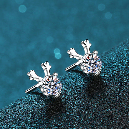 925 Sterling Silver Antler Moissanite Stud Earrings - 0.6CT with Cultural Motifs