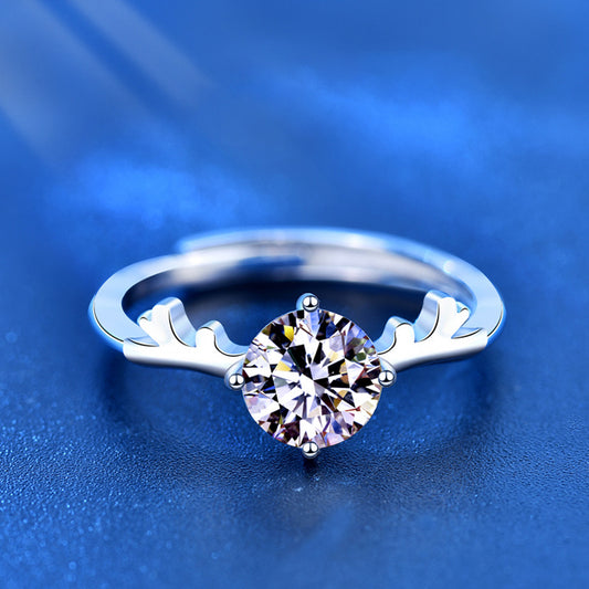 925 Sterling Silver Antler Ring with 1ct Moissanite - White Gold Plated Adjustable Women's Band