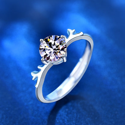 925 Sterling Silver Antler Ring with 1ct Moissanite - White Gold Plated Adjustable Women's Band