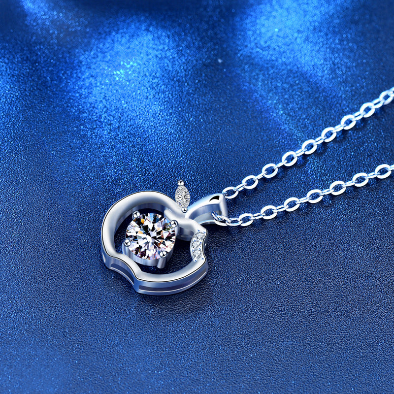 925 Sterling Silver Apple Pendant Necklace with 0.5ct Moissanite Cross Chain Women's White Gold Plated Fashion Jewelry