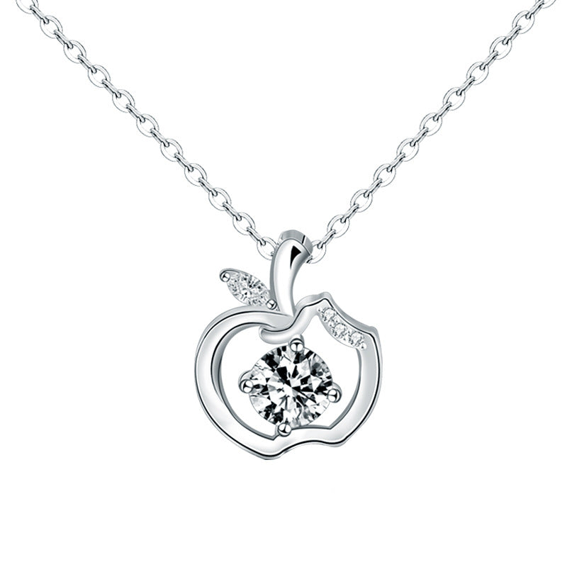 925 Sterling Silver Apple Pendant Necklace with 0.5ct Moissanite Cross Chain Women's White Gold Plated Fashion Jewelry