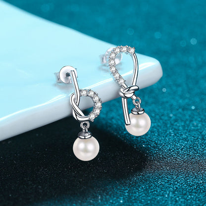 925 Sterling Silver Asymmetric Stud Earrings - 0.21ct Moissanite & 7mm Freshwater Pearls