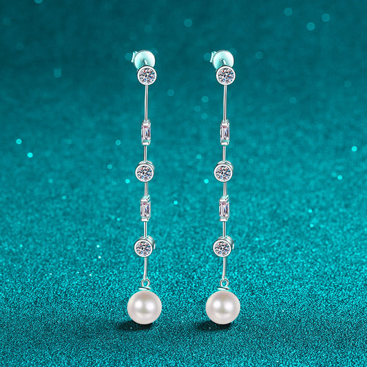 925 Sterling Silver Asymmetric Tassel Earrings - 1.8ct Moissanite & 8mm Pearls