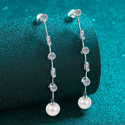 925 Sterling Silver Asymmetric Tassel Earrings - 1.8ct Moissanite & 8mm Pearls