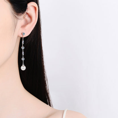 925 Sterling Silver Asymmetric Tassel Earrings - 1.8ct Moissanite & 8mm Pearls