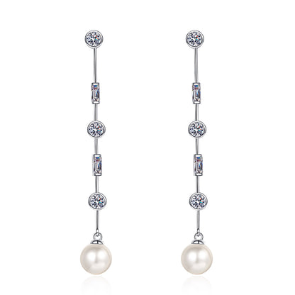 925 Sterling Silver Asymmetric Tassel Earrings - 1.8ct Moissanite & 8mm Pearls