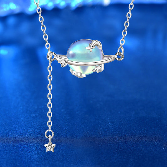 925 Sterling Silver Aurora Planet Pendant Necklace with Moonstone Cross Chain Women's Bohemian Jewelry