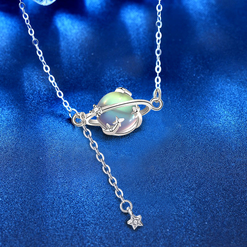925 Sterling Silver Aurora Planet Pendant Necklace with Moonstone Cross Chain Women's Bohemian Jewelry