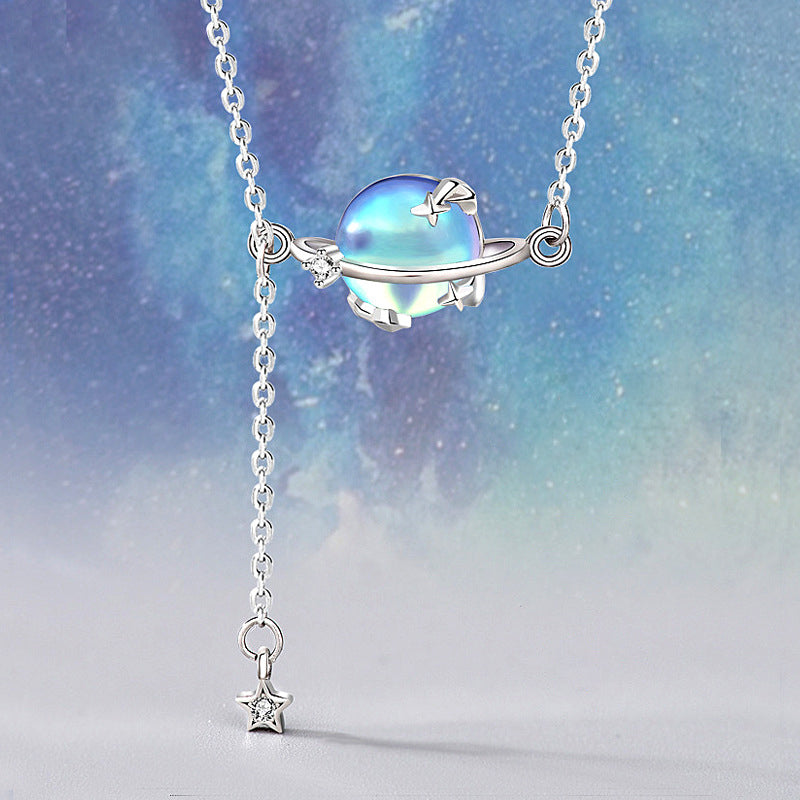 925 Sterling Silver Aurora Planet Pendant Necklace with Moonstone Cross Chain Women's Bohemian Jewelry