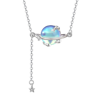 925 Sterling Silver Aurora Planet Pendant Necklace with Moonstone Cross Chain Women's Bohemian Jewelry