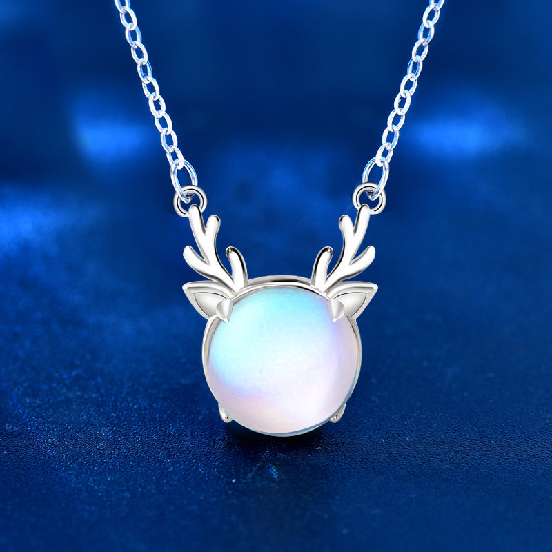 925 Sterling Silver Aurora Reindeer Pendant Necklace White Gold Plated Dainty Deer Jewelry for Women