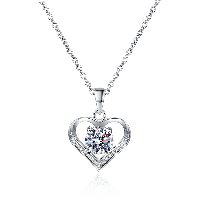 925 Sterling Silver Beating Heart Pendant Necklace - 1CT Moissanite Sweet & Playful Chain