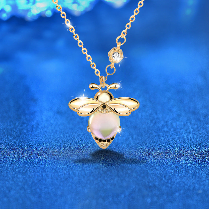 925 Sterling Silver Bee Pendant Necklace with Moonstone Cross Chain Women's Rhodium Plated Delicate Jewelry