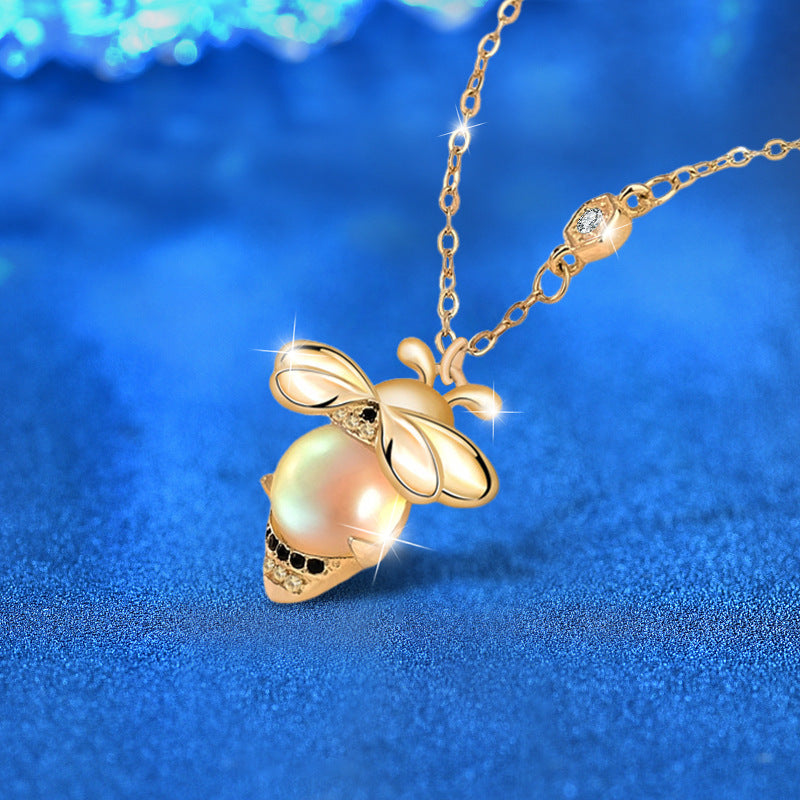 925 Sterling Silver Bee Pendant Necklace with Moonstone Cross Chain Women's Rhodium Plated Delicate Jewelry