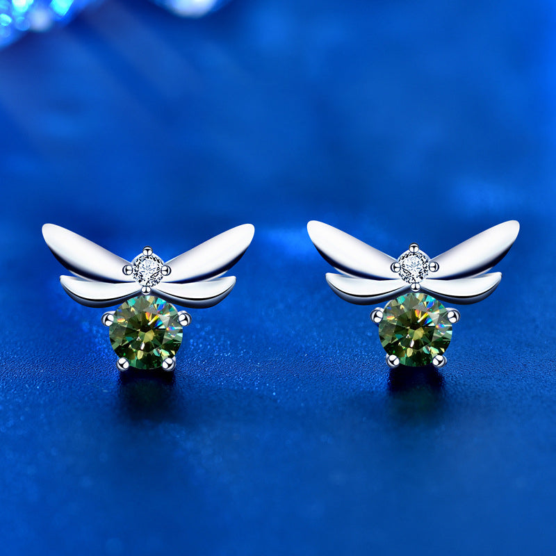 925 Sterling Silver Bee Stud Earrings with 0.5ct Moissanite (Green/White/Champagne) - Fashion Insect Jewelry for Women