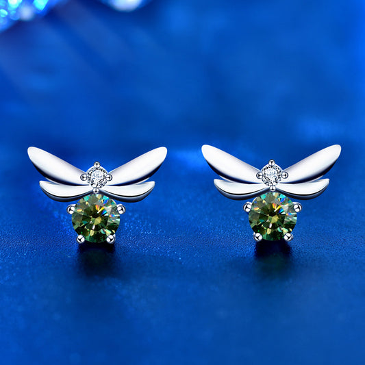 925 Sterling Silver Bee Stud Earrings with 0.5ct Moissanite (Green/White/Champagne) - Fashion Insect Jewelry for Women