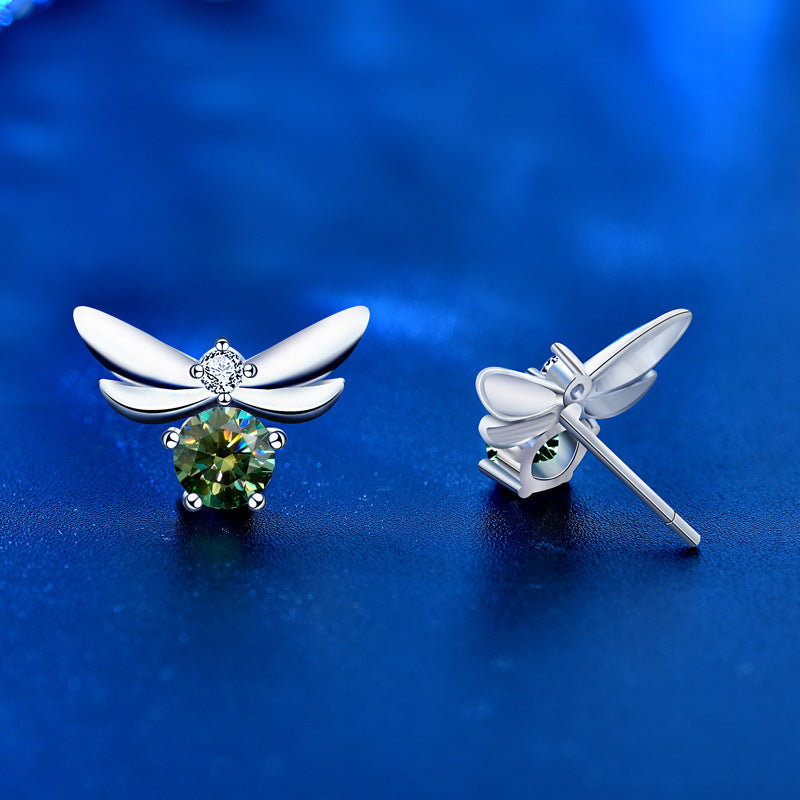 925 Sterling Silver Bee Stud Earrings with 0.5ct Moissanite (Green/White/Champagne) - Fashion Insect Jewelry for Women