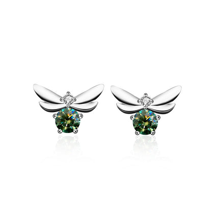 925 Sterling Silver Bee Stud Earrings with 0.5ct Moissanite (Green/White/Champagne) - Fashion Insect Jewelry for Women