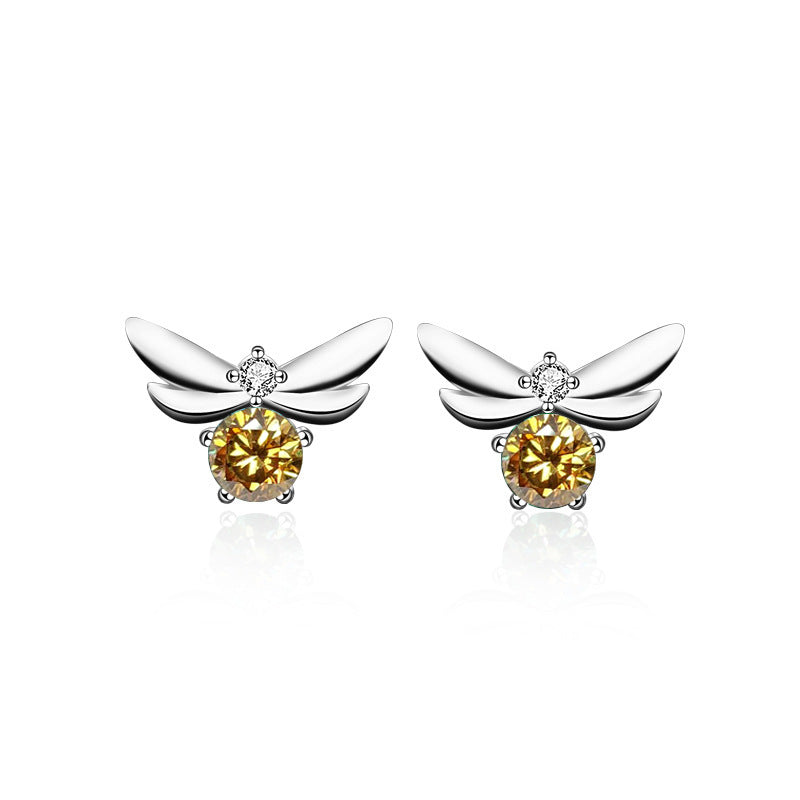 925 Sterling Silver Bee Stud Earrings with 0.5ct Moissanite (Green/White/Champagne) - Fashion Insect Jewelry for Women
