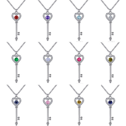 925 Sterling Silver Birthstone Key Necklace - Romantic Heart Lock Pendant