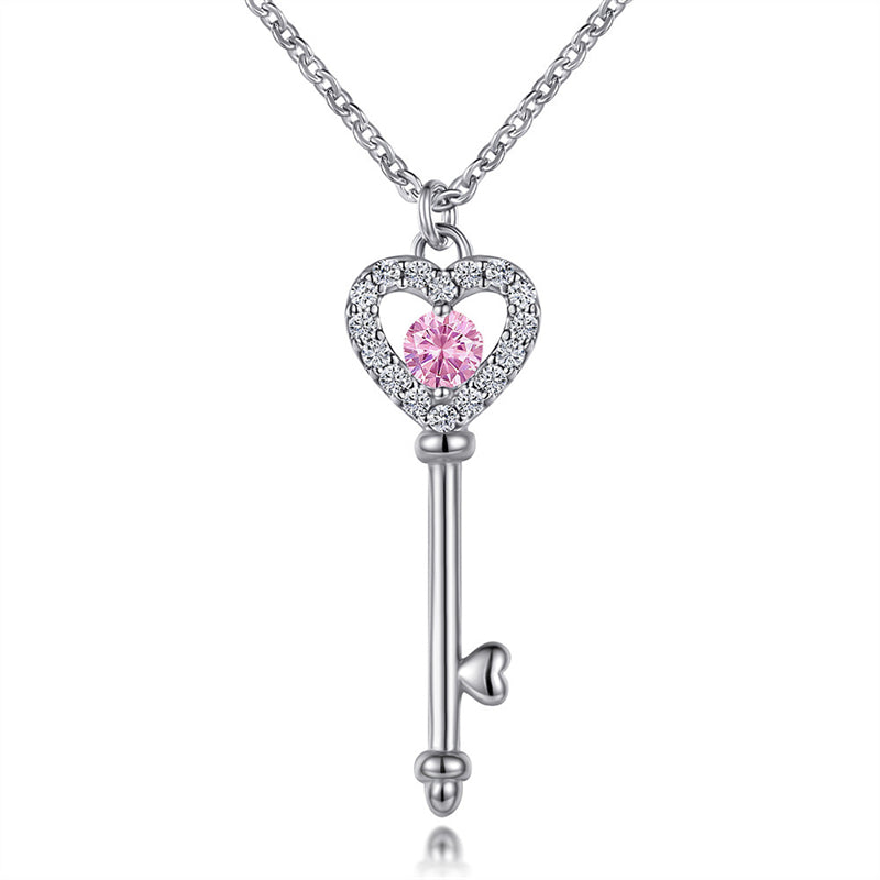 925 Sterling Silver Birthstone Key Necklace - Romantic Heart Lock Pendant
